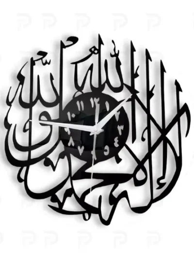 Black acrylic Kalma Tayyaba wall clock for Islamic decor