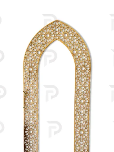 Elegant Mihrab-inspired Islamic wall decor with intricate geometric patterns in glossy gold acrylic.